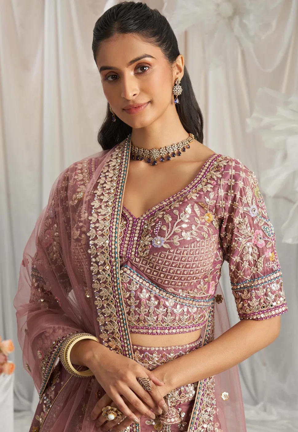Embroidered Tissue Lehenga in Purple