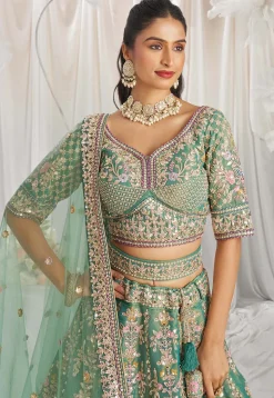 Embroidered Tissue Lehenga in Sea Green