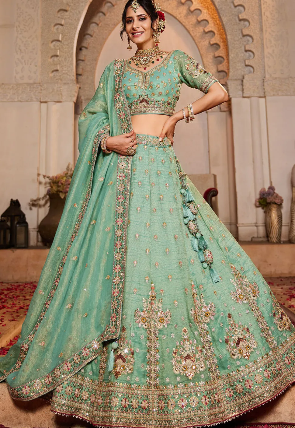 Embroidered Tissue Lehenga in Sea Green