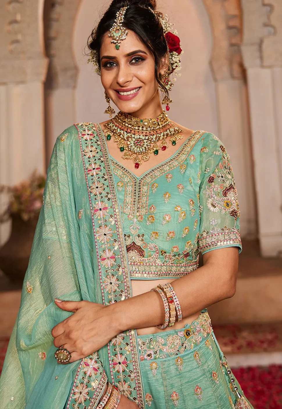Embroidered Tissue Lehenga in Sea Green