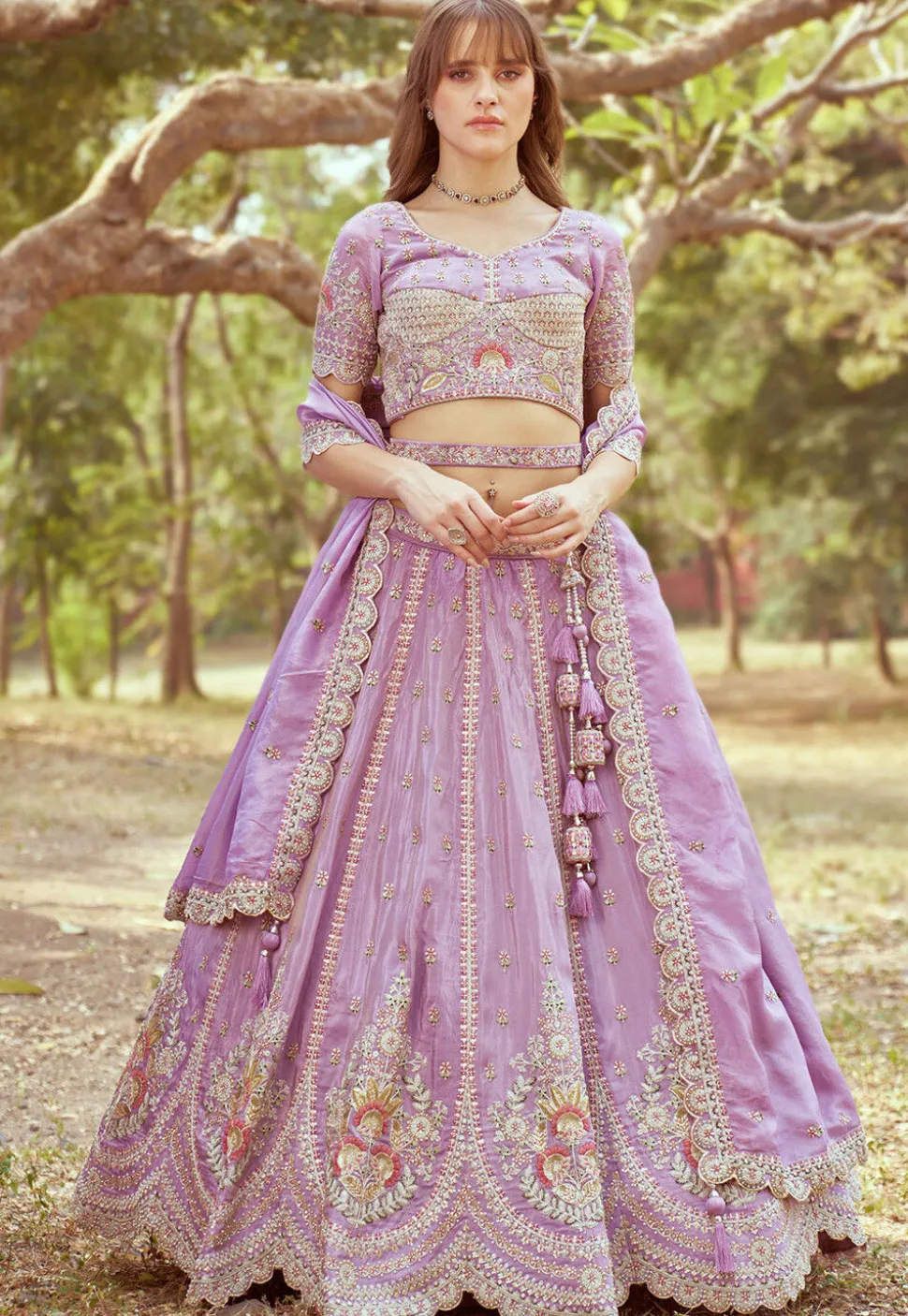 Embroidered Tissue Lehenga in Purple