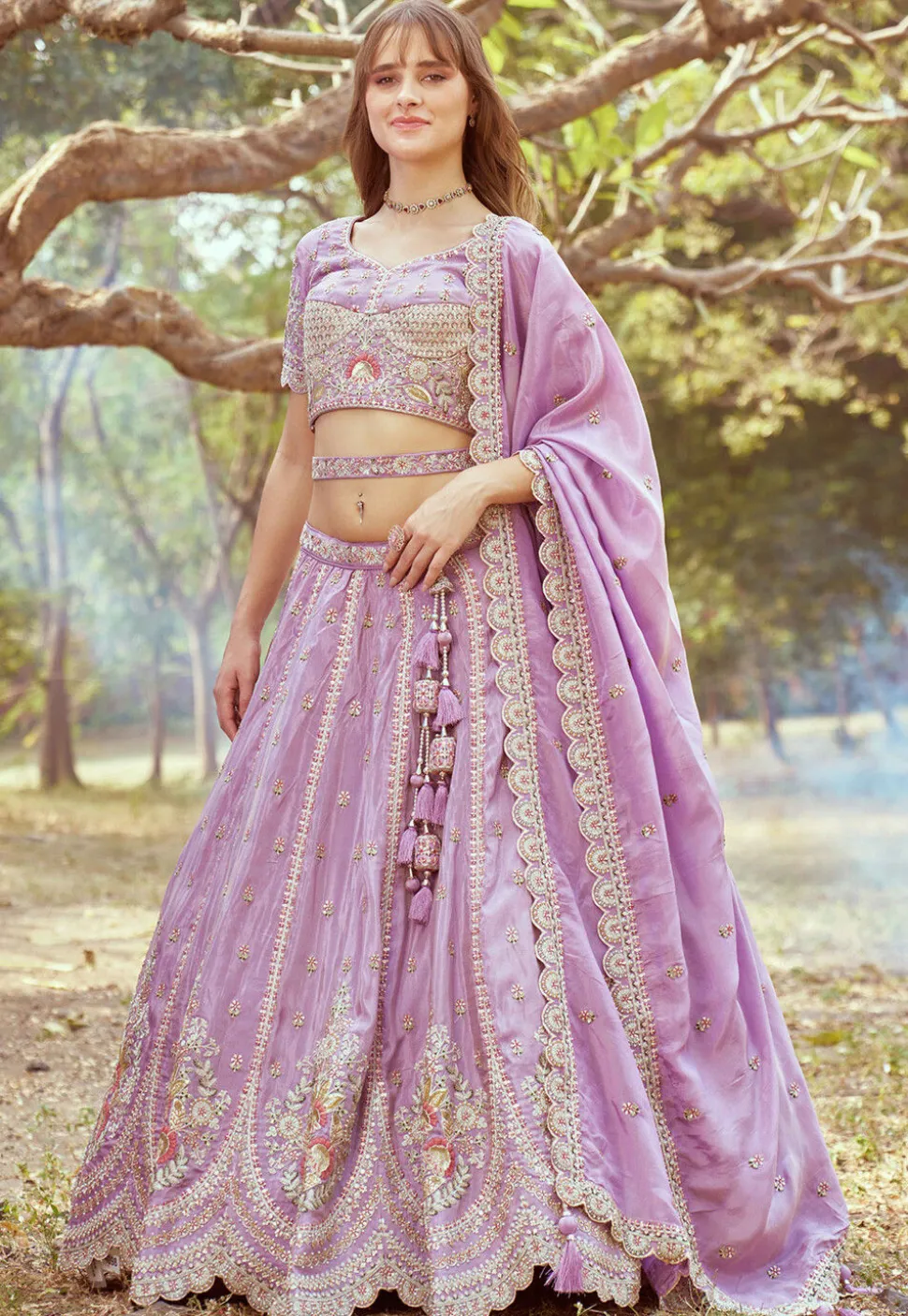 Embroidered Tissue Lehenga in Purple