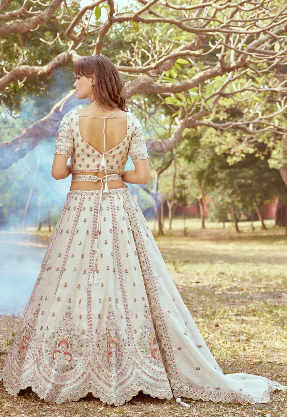 Embroidered Tissue Lehenga in Cream