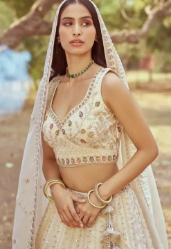 Embroidered Tissue Lehenga in Cream