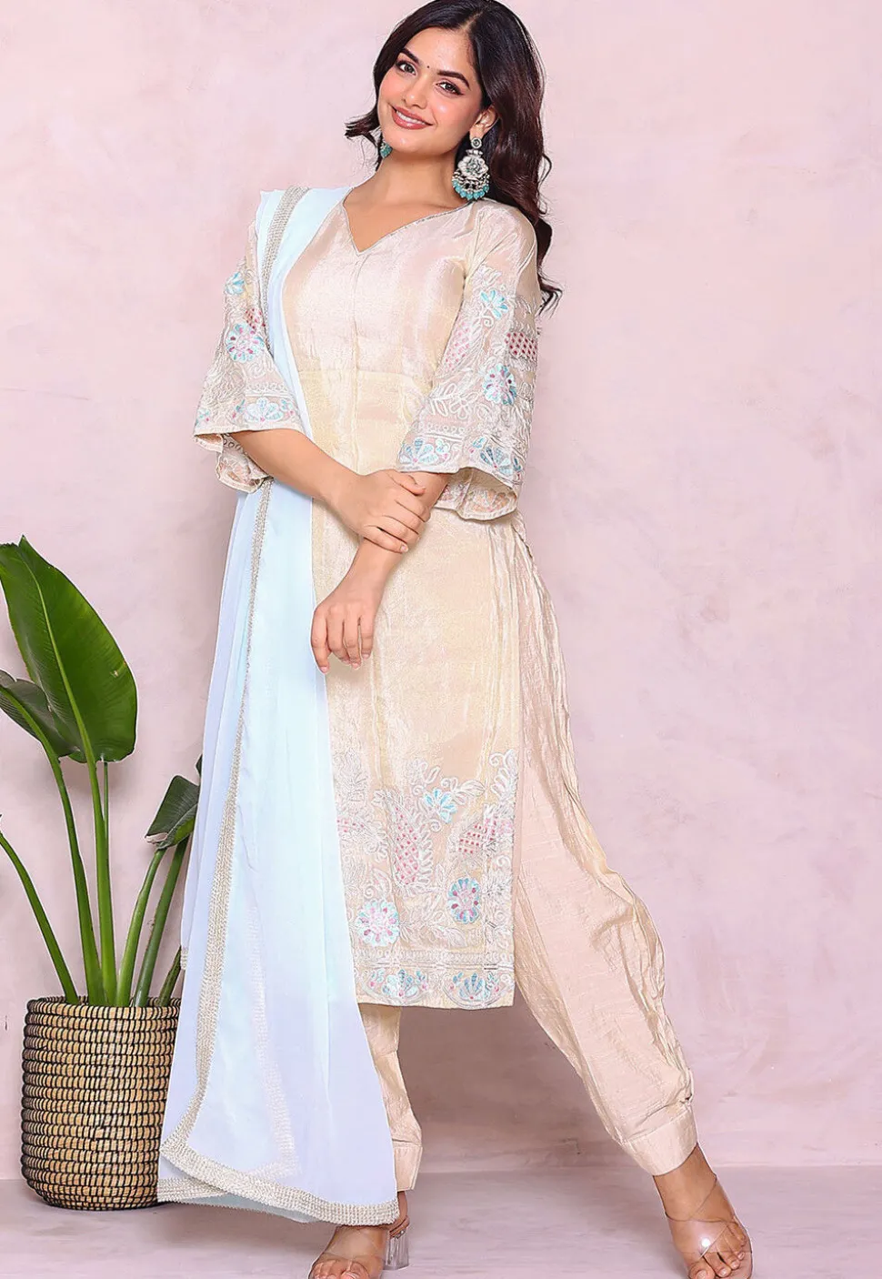 Embroidered Tissue Punjabi Suit in Light Beige