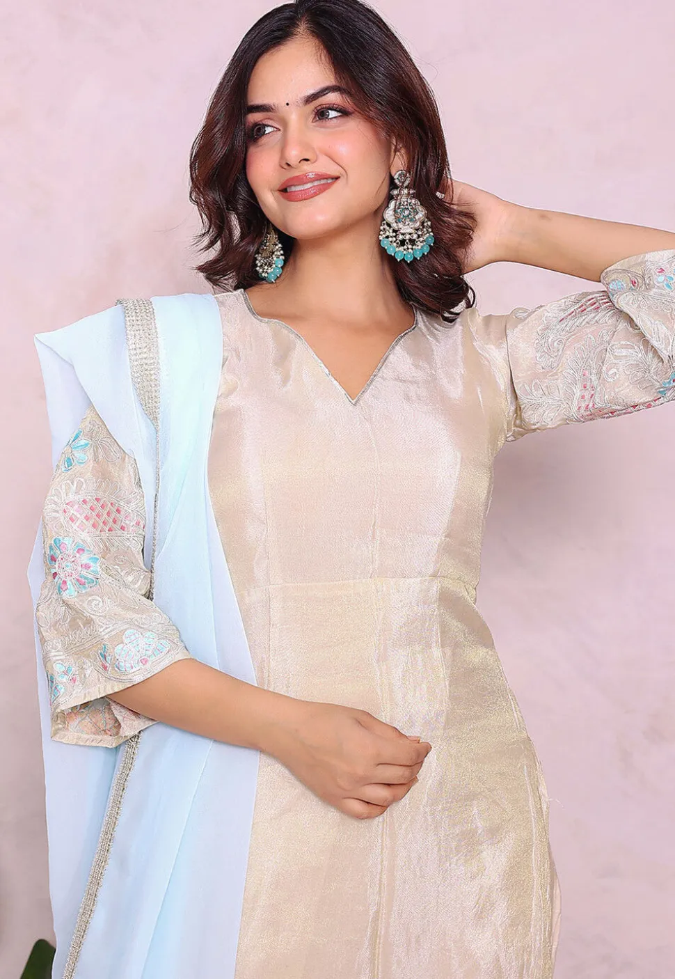 Embroidered Tissue Punjabi Suit in Light Beige
