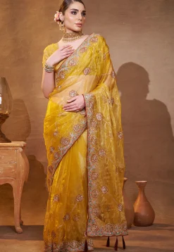 Embroidered Tissue Saree in Yellow