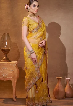 Embroidered Tissue Saree in Yellow
