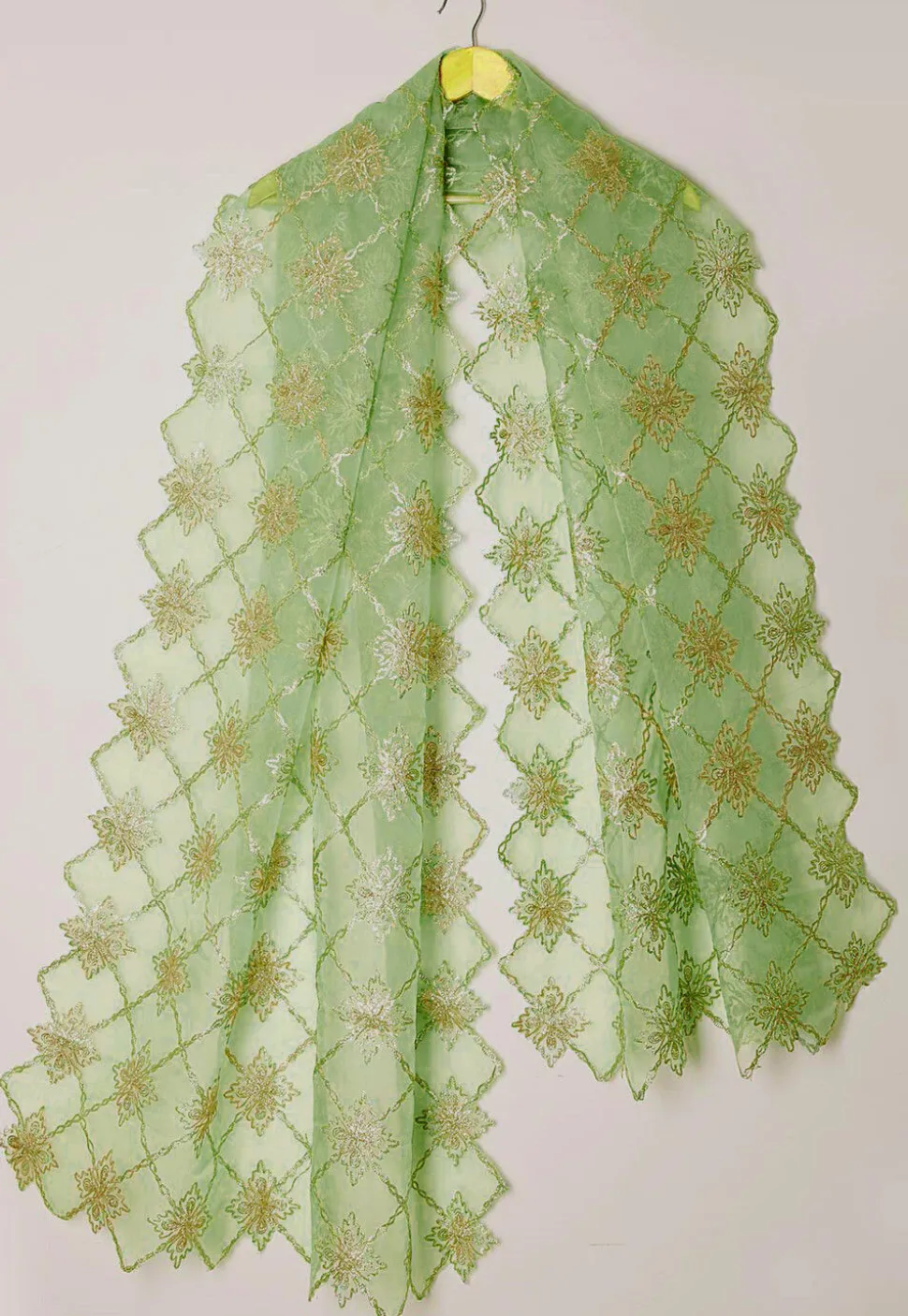 Embroidered Tissue Scalloped Dupatta in Pastel Green