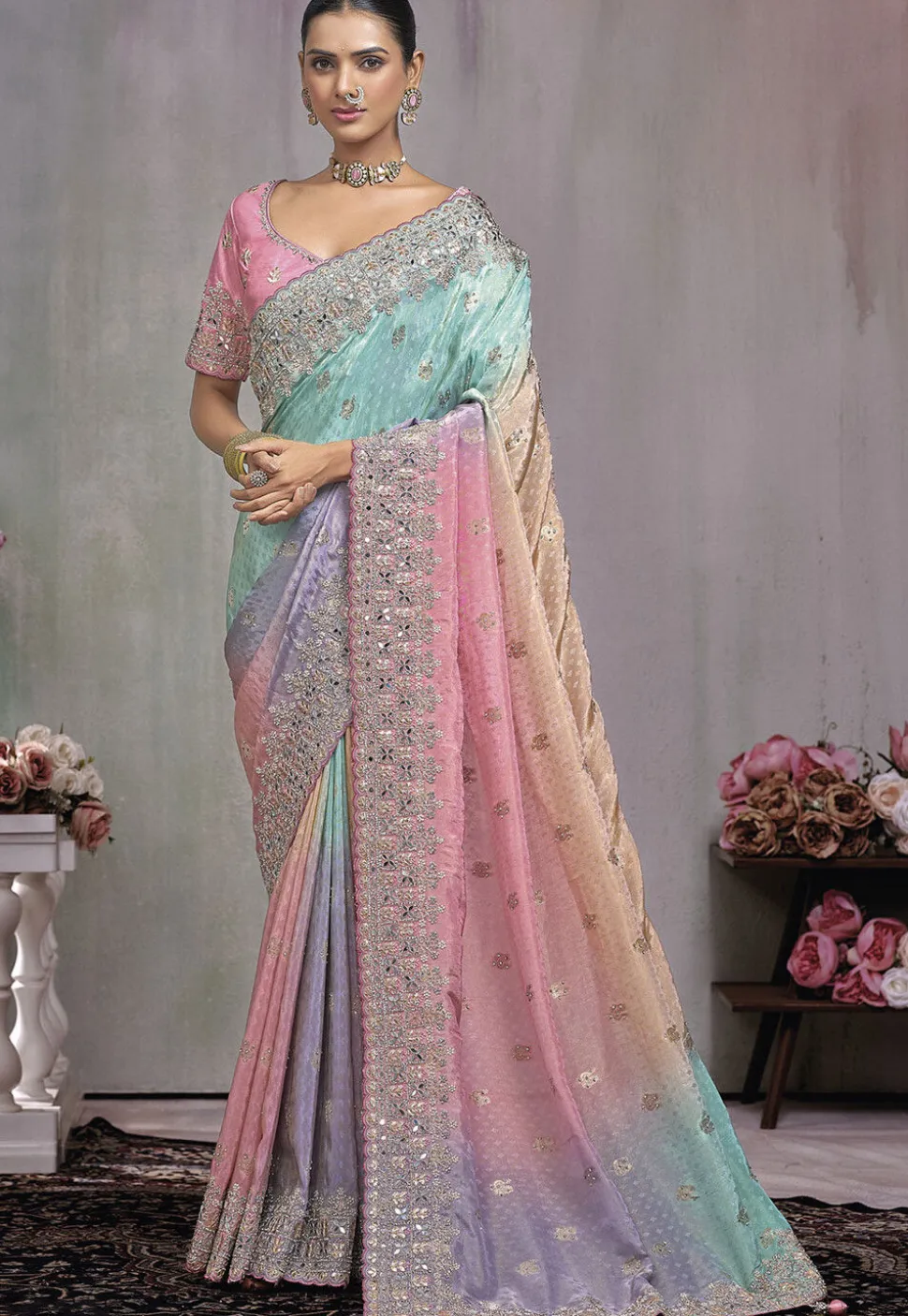 Embroidered Tissue Scalloped Saree in Multicolor
