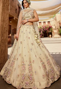 Embroidered Tissue Scalloped Lehenga in Pastel Yellow