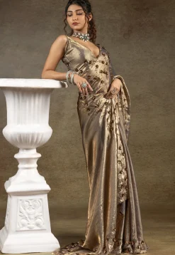 Embroidered Tissue Shimmer Scalloped Saree in Golden