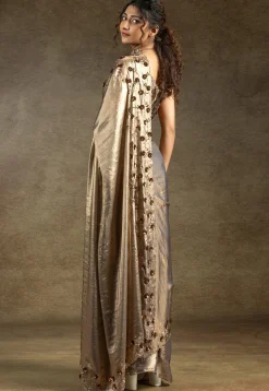 Embroidered Tissue Shimmer Scalloped Saree in Golden