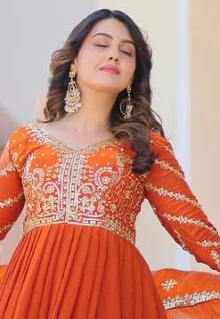 Embroidered Tissue Silk Abaya Style Suit in Orange