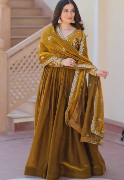 Embroidered Tissue Silk Abaya Style Suit in Mustard