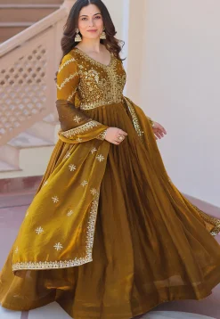 Embroidered Tissue Silk Abaya Style Suit in Mustard