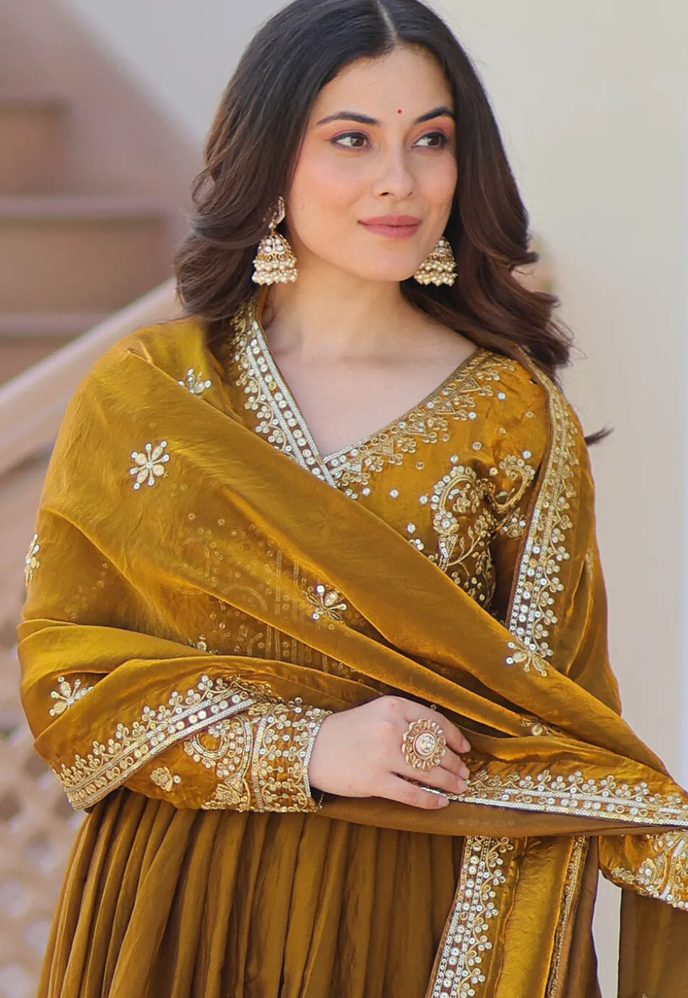 Embroidered Tissue Silk Abaya Style Suit in Mustard