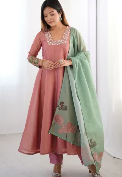Embroidered Tissue Silk Anarkali Suit in Peach