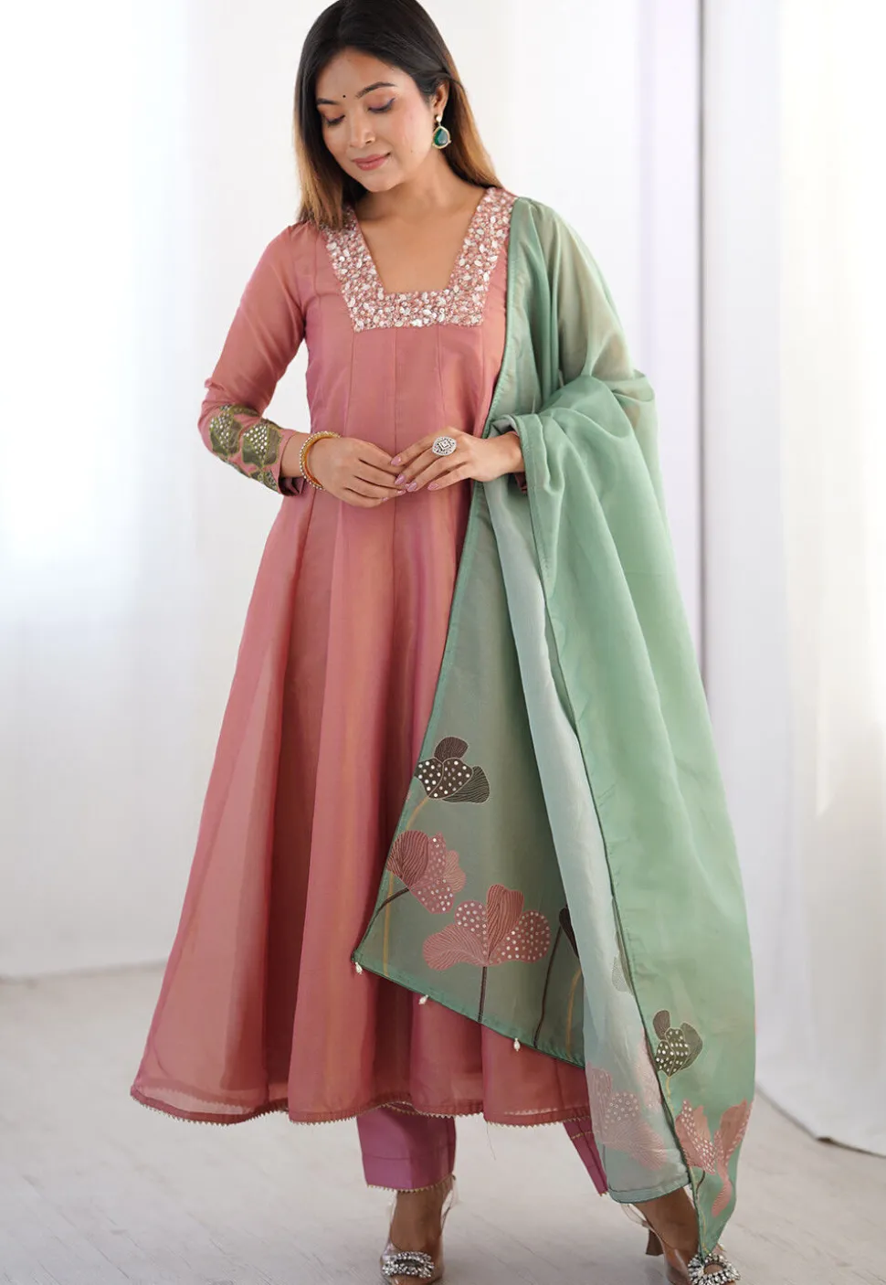 Embroidered Tissue Silk Anarkali Suit in Peach
