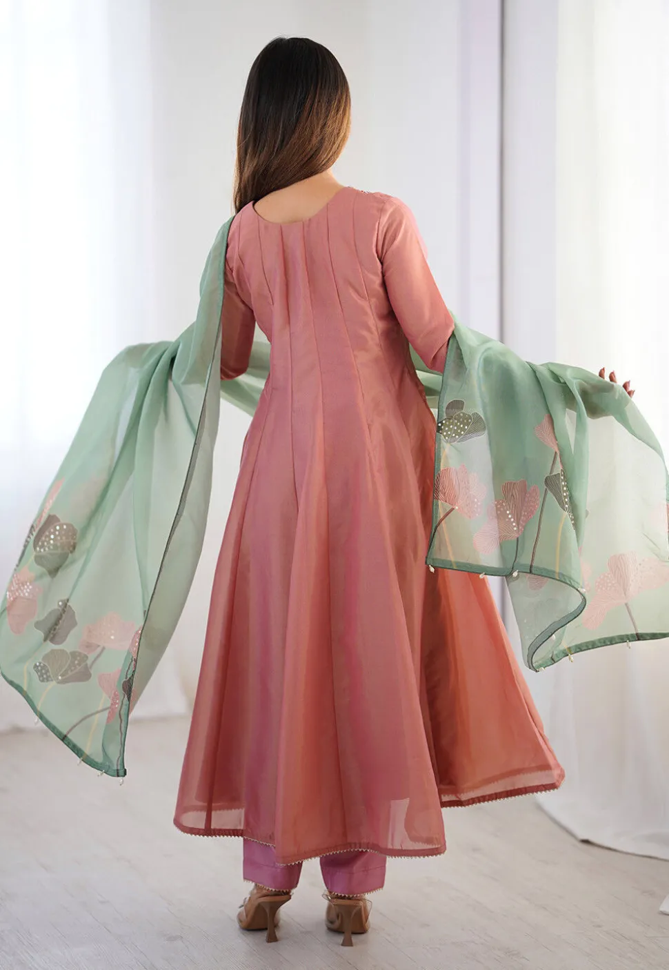 Embroidered Tissue Silk Anarkali Suit in Peach