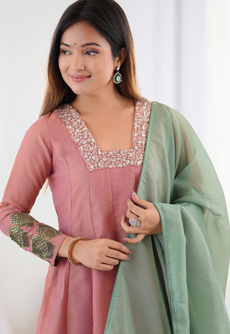 Embroidered Tissue Silk Anarkali Suit in Peach