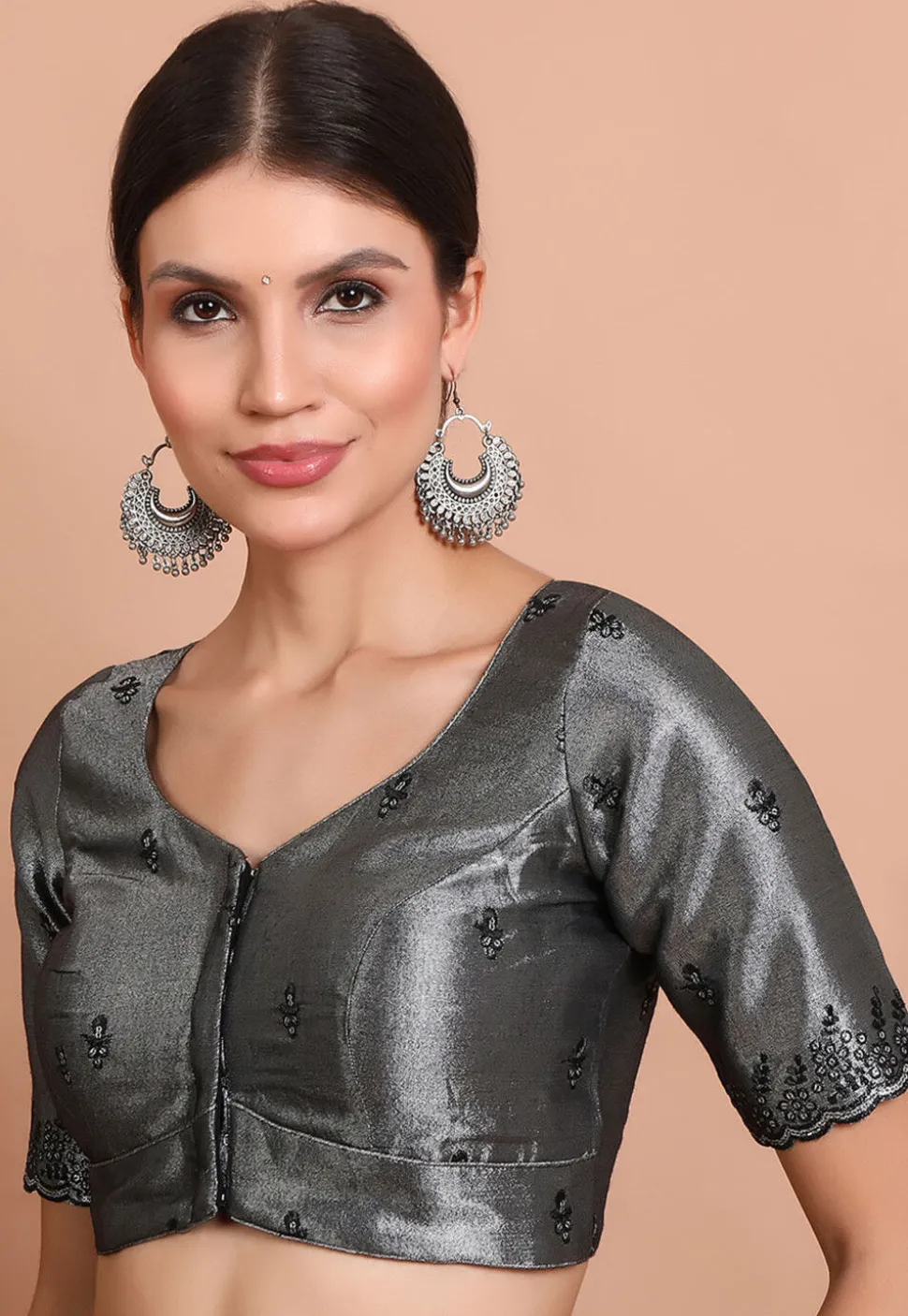 Embroidered Tissue Silk Blouse in Grey