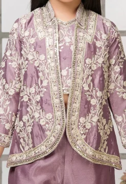 Embroidered Tissue Silk Crop Top Set in Light Purple