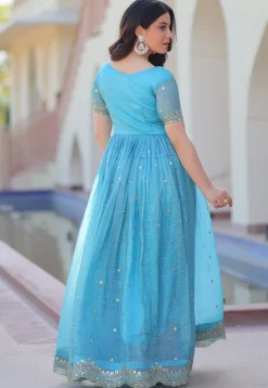Embroidered Tissue Silk Gown in Light Blue