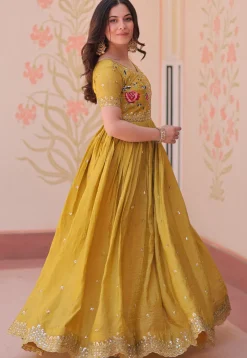 Embroidered Tissue Silk Gown in Mustard