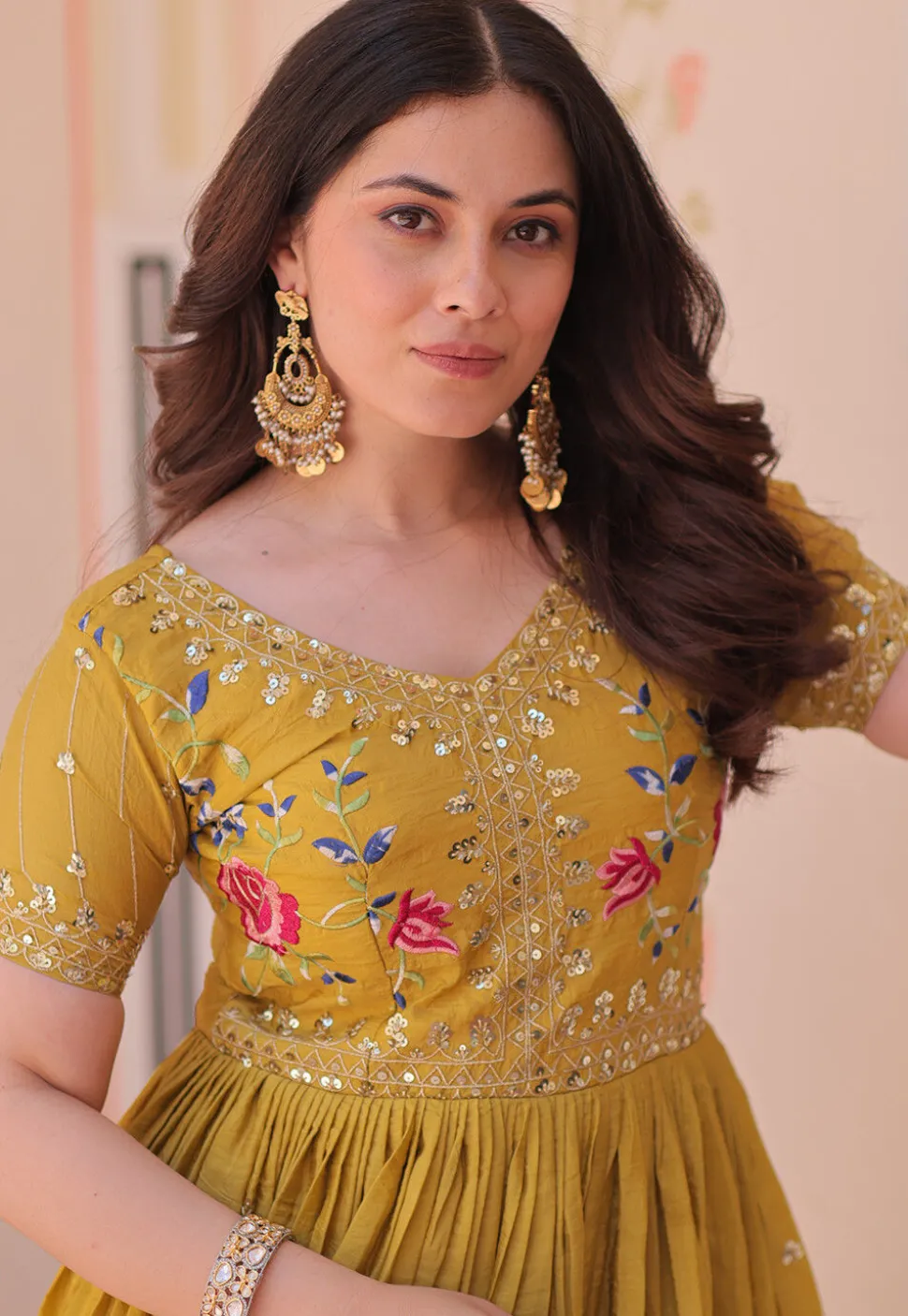 Embroidered Tissue Silk Gown in Mustard