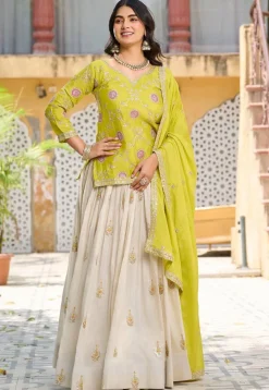 Embroidered Tissue Silk Lehenga in Cream