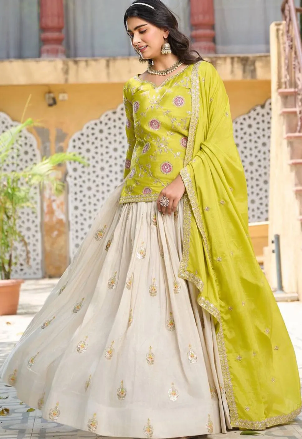 Embroidered Tissue Silk Lehenga in Cream