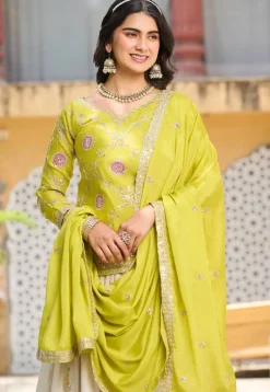 Embroidered Tissue Silk Lehenga in Cream
