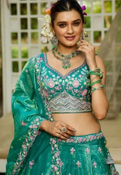 Embroidered Tissue Silk Lehenga in Light Green