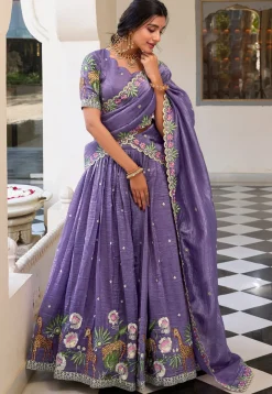 Embroidered Tissue Silk Lehenga in Purple