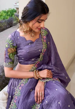 Embroidered Tissue Silk Lehenga in Purple
