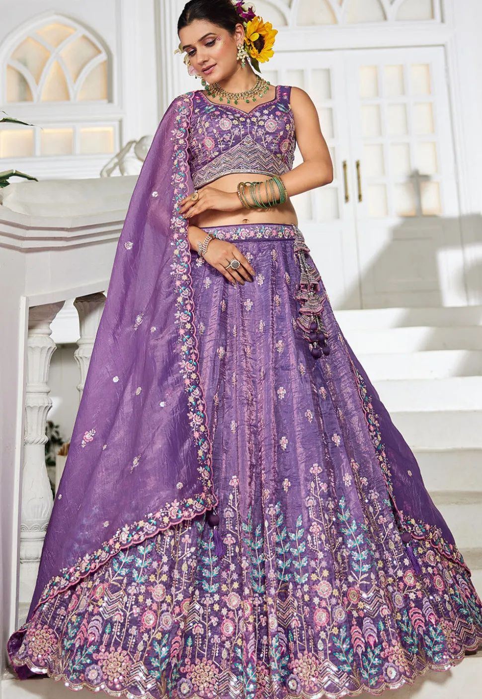 Embroidered Tissue Silk Lehenga in Purple