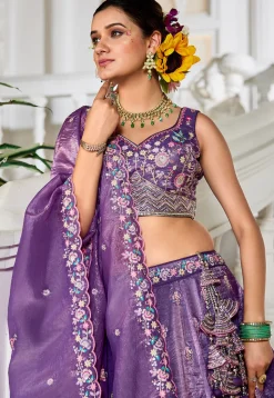 Embroidered Tissue Silk Lehenga in Purple