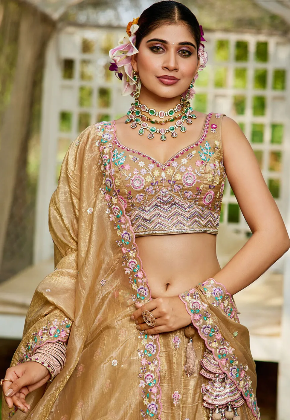 Embroidered Tissue Silk Lehenga in Beige