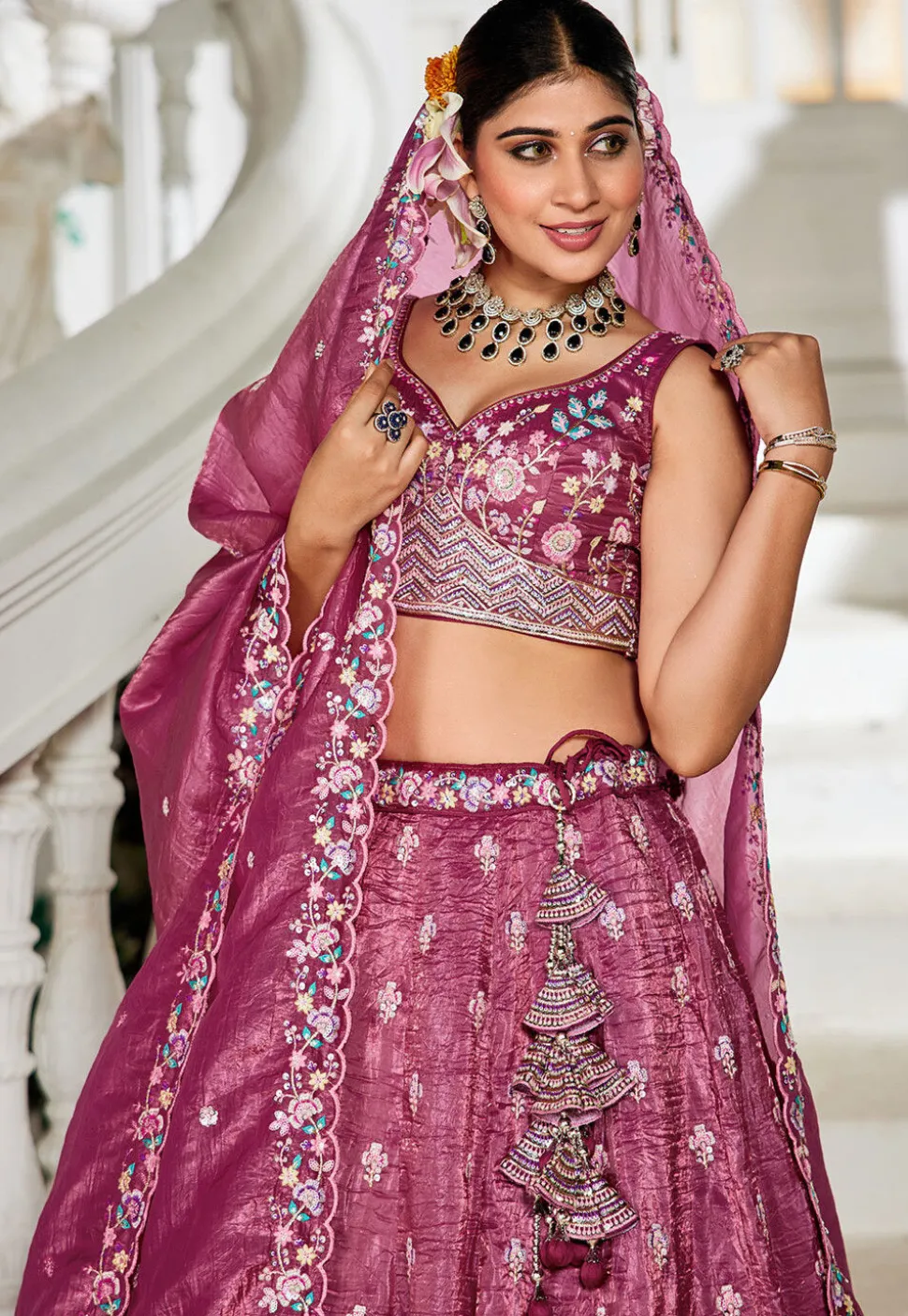 Embroidered Tissue Silk Lehenga in Purple