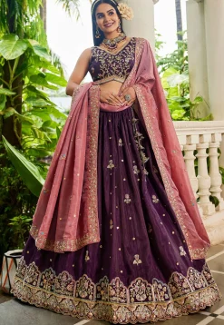 Embroidered Tissue Silk Lehenga in Purple