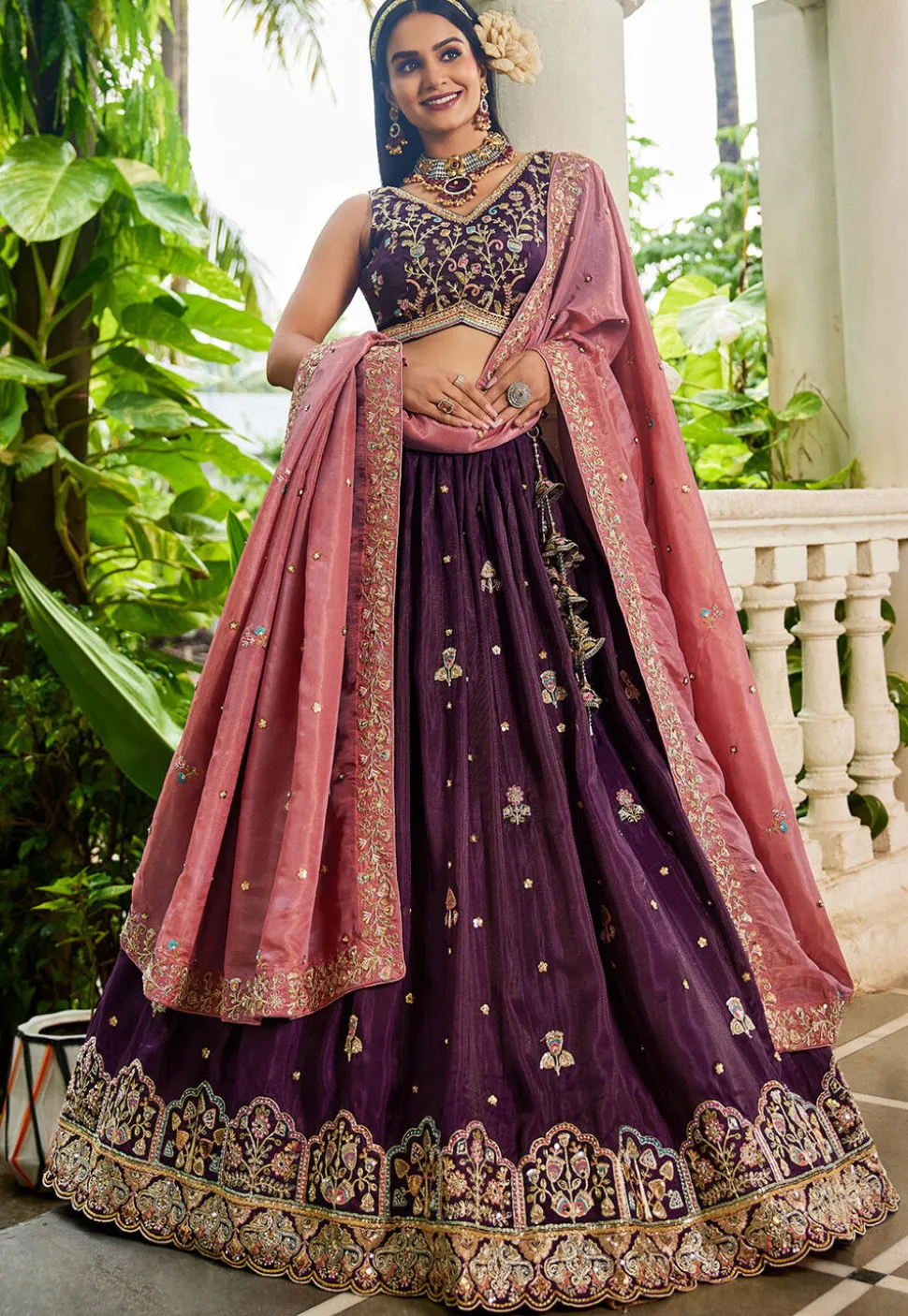 Embroidered Tissue Silk Lehenga in Purple
