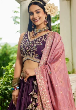 Embroidered Tissue Silk Lehenga in Purple