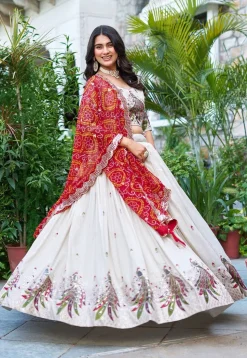 Embroidered Tissue Silk Lehenga in Cream