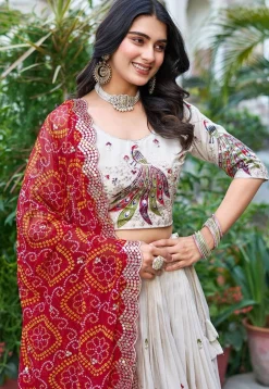 Embroidered Tissue Silk Lehenga in Cream