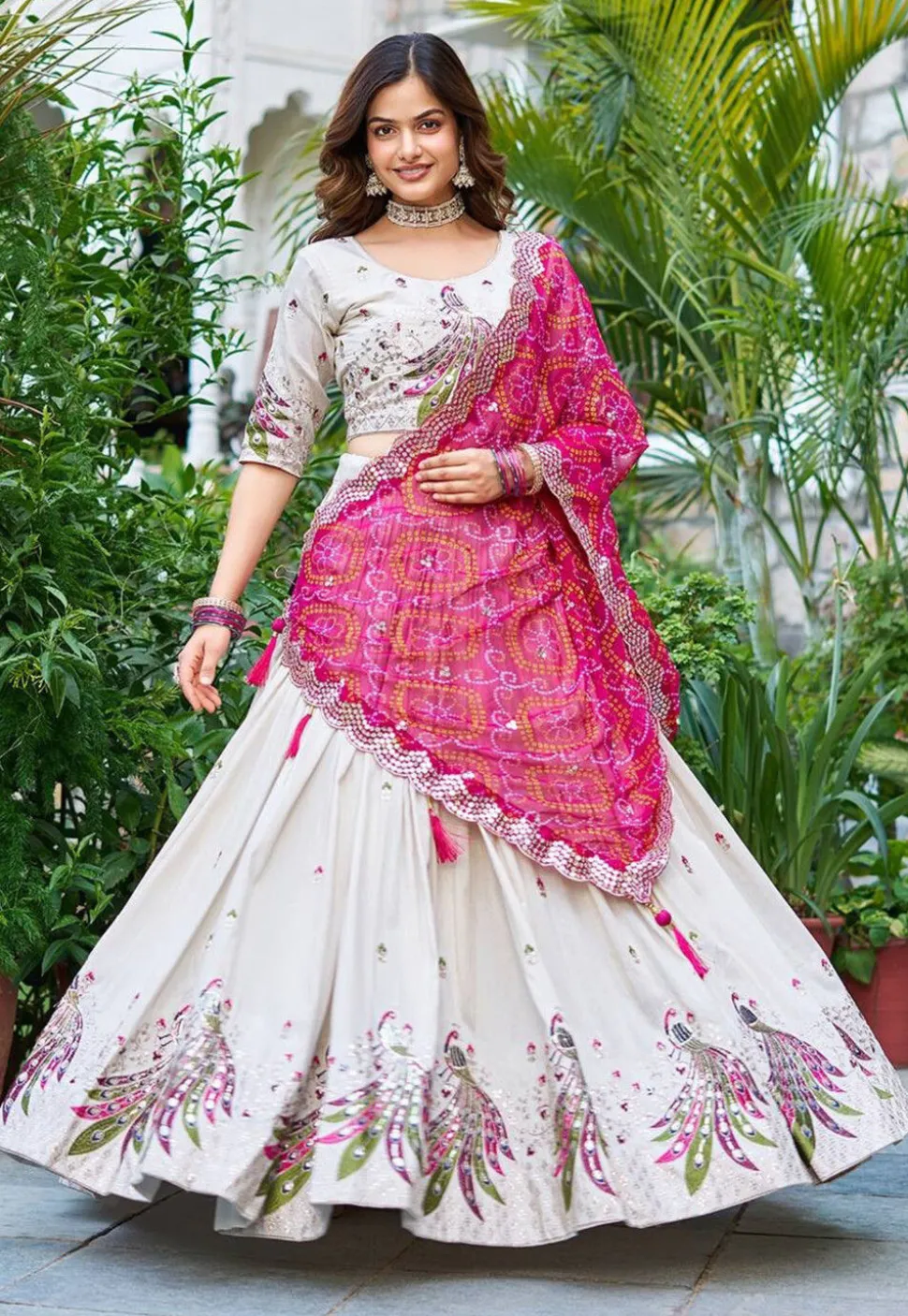 Embroidered Tissue Silk Lehenga in Cream
