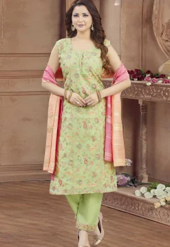 Embroidered Tissue Silk Pakistani Suit in Light Green