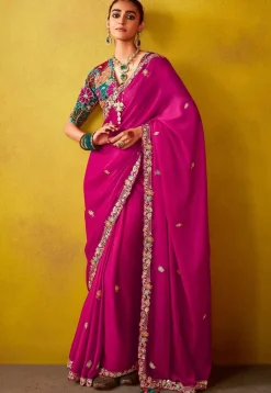 Embroidered Tissue Silk Scalloped Saree in Pink