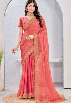 Embroidered Tissue Silk Saree in Peach
