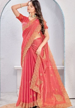 Embroidered Tissue Silk Saree in Peach